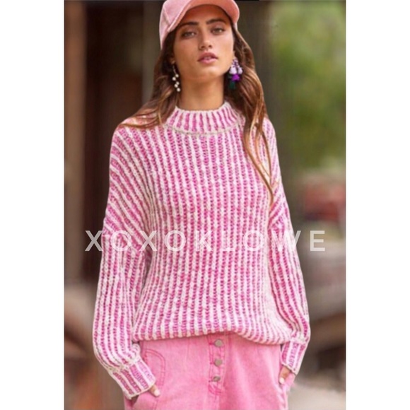 POL Hot Pink + White Striped Turtleneck Sweater Relaxed Fit - Picture 8 of 13